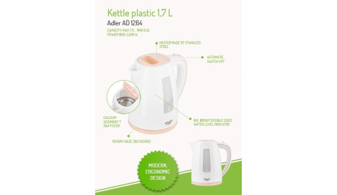 Czajnik elektryczny 1,7 L 2200W Adler AD1264 biały