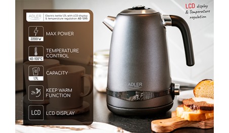 Czajnik Metalowy 1,7L z LCD Regulacja temperatury 2200W Adler