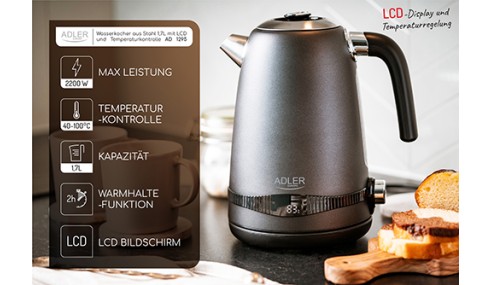 Czajnik Metalowy 1,7L z LCD Regulacja temperatury 2200W Adler