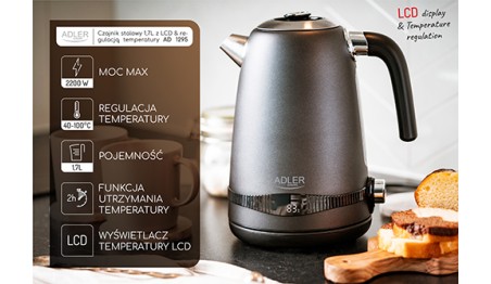 Czajnik Metalowy 1,7L z LCD Regulacja temperatury 2200W Adler