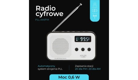 Kompaktowe Radio Cyfrowe PLL AM/FM Pamięć 40 stacji Zegar Budzik Adler