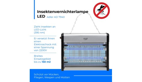 Lampa owadobójcza LED 2200V przeciwko komarom muchom osom Adler