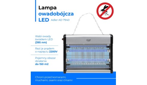 Lampa owadobójcza LED 2200V przeciwko komarom muchom osom Adler