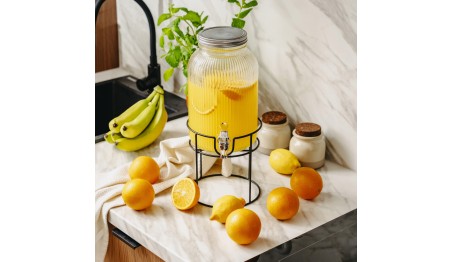 Szklany ryflowany Słój do Napojów 4L Słoik Dystrybutor Kranik i Stojak