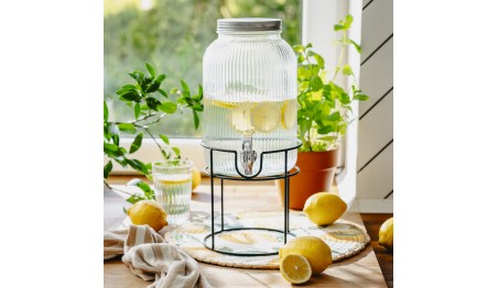 Szklany ryflowany Słój do Napojów 4L Słoik Dystrybutor Kranik i Stojak