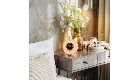 Radiobudzik świetlny LED SYMULACJA ŚWITU alarm dźwięki natury RADIO Lampka