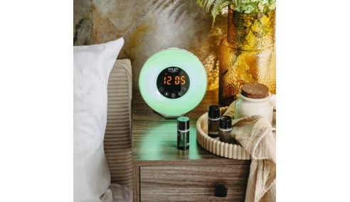 Radiobudzik świetlny LED SYMULACJA ŚWITU alarm dźwięki natury RADIO Lampka