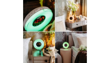 Radiobudzik świetlny LED SYMULACJA ŚWITU alarm dźwięki natury RADIO Lampka