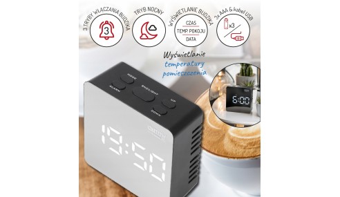 ZEGAR BUDZIK CR1150 czarny 8,3cm PODŚWIETLANY POMIAR TEMPERATURY 3 TRYBY