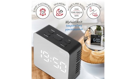 ZEGAR BUDZIK CR1150 czarny 8,3cm PODŚWIETLANY POMIAR TEMPERATURY 3 TRYBY