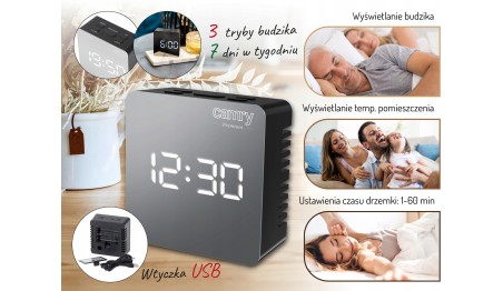 ZEGAR BUDZIK CR1150 czarny 8,3cm PODŚWIETLANY POMIAR TEMPERATURY 3 TRYBY