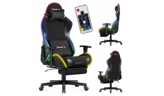 Fotel gamingowy LED RGB z podnóżkiem regulowany 155° poduszka zagłówek