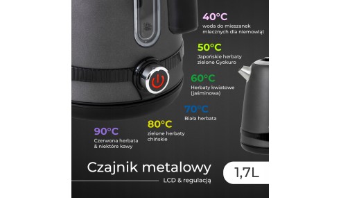 Czajnik ELEKTRYCZNY stalowy METALOWY 1,7L |LCD REGULACJA TEMPERATURY