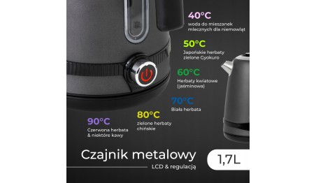 Czajnik ELEKTRYCZNY stalowy METALOWY 1,7L |LCD REGULACJA TEMPERATURY