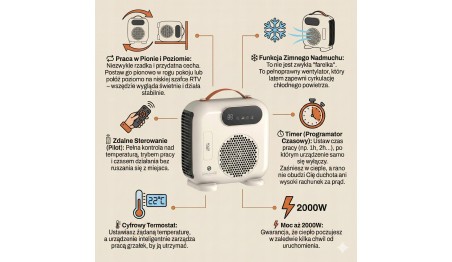 Termowentylator grzejnik elektryczny 2000W LCD Pilot Timer Beżowy Adler