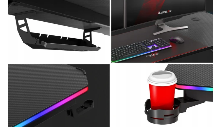 Biurko Gamingowe RGB LED Regulacja +Podkładka Stolik Biurowy Gracza Huzaro