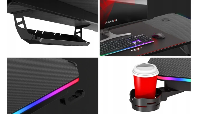 Biurko Gamingowe Komputerowe Gracza Stolik Biurowy RGB LED Podkładka Huzaro