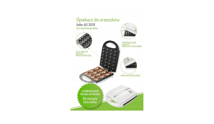 Opiekacz do Orzeszków Ciasteczek Szybkie Pieczenie 24szt. XL 1600W Adler