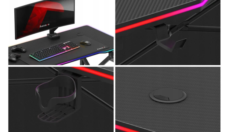 Biurko Gamingowe RGB Stolik Biurowy Gracza LED z Pilotem Carbon Huzaro