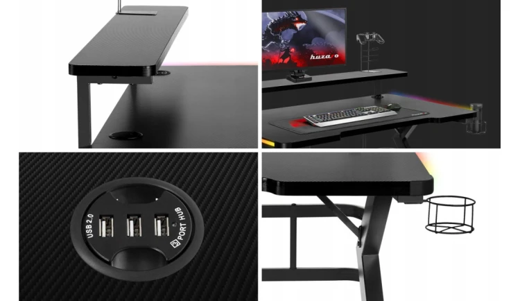 BIURKO GAMINGOWE STÓL STOLIK BIUROWY DLA GRACZA REGULACJA RGB +PILOT HUZARO