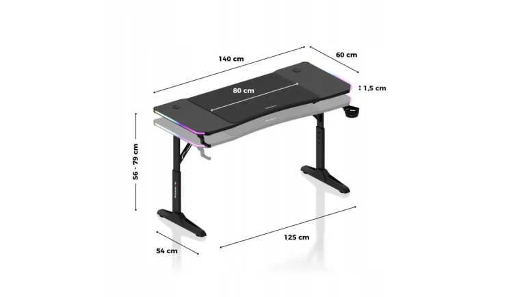Biurko gamingowe LED RGB z regulacją 6 poziomów Stół Gamingowy dla Gracza