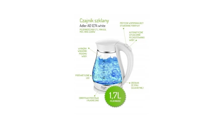 CZAJNIK ELEKTRYCZNY SZKLANY LED 1,7L 2200w Adler AD1274 biały