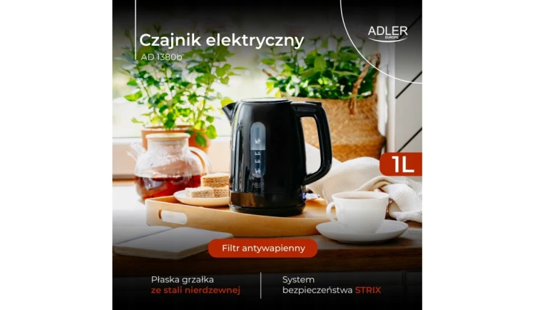 CZAJNIK elektryczny Adler AD 1380b 2200 W 1l czarny OBROTOWA PODSTAWA STRIX