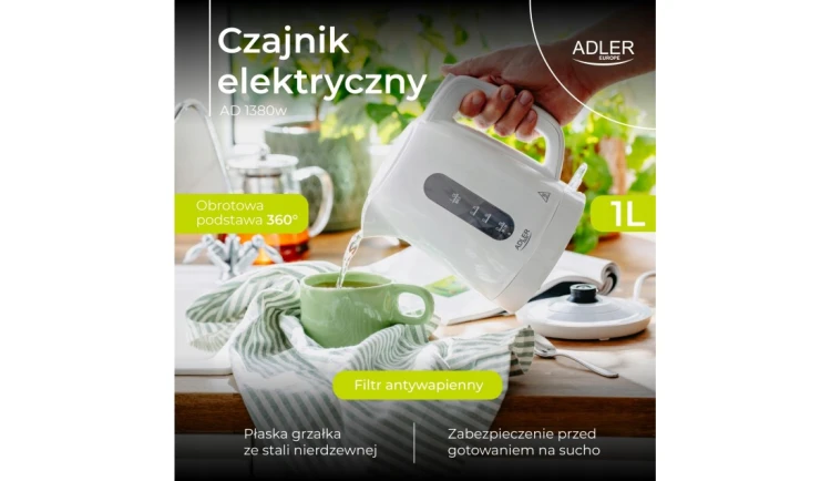 CZAJNIK elektryczny Adler AD 1380w 2200 W 1l biały OBROTOWA PODSTAWA STRIX