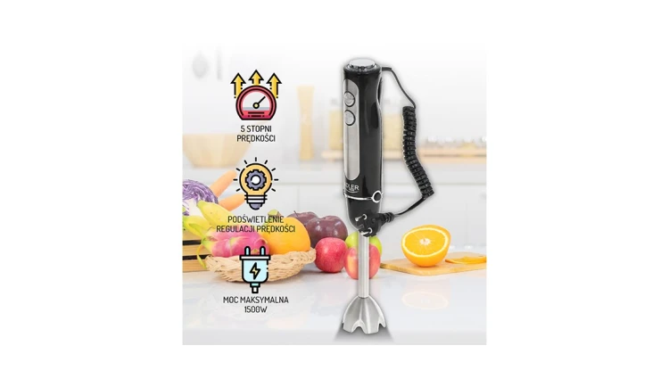BLENDER RĘCZNY MOCNY 1500W MIKSER WIELOFUNKCYJNY 5 PRĘDKOŚCI CZARNY ADLER