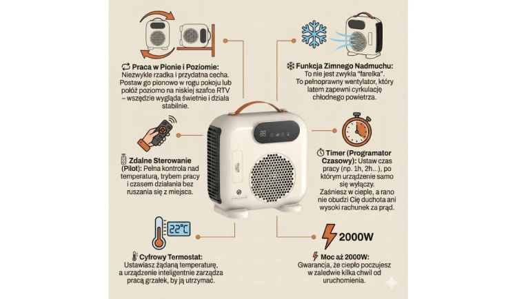 Termowentylator grzejnik elektryczny 2000W LCD Pilot Timer Beżowy Adler