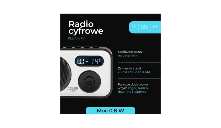 Nowoczesne Radio Cyfrowe LCD PLL AM/FM Zegar Budzik Antena Adler