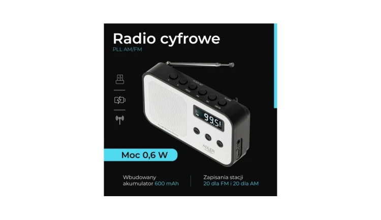 Kompaktowe Radio Cyfrowe PLL AM/FM Pamięć 40 stacji Zegar Budzik Adler