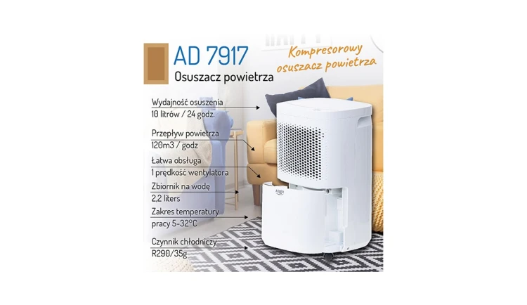 Osuszacz powietrza 200W Wentylator Kompresorowy 2,2L Przenośny Adler