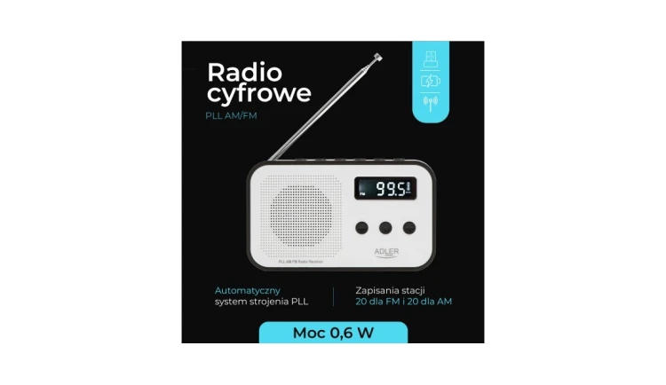 Kompaktowe Radio Cyfrowe PLL AM/FM Pamięć 40 stacji Zegar Budzik Adler