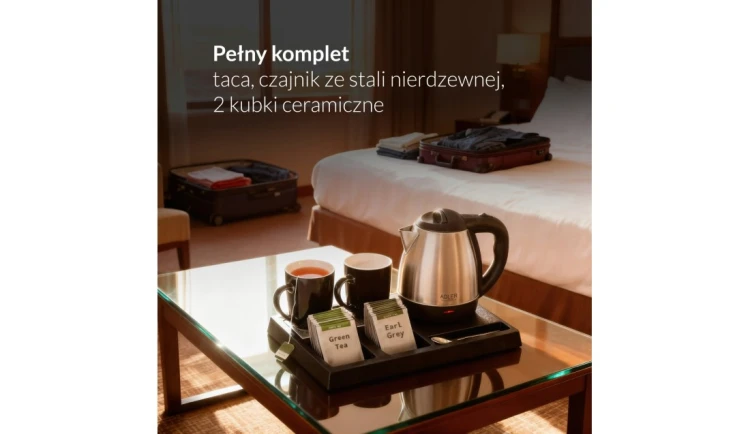 Czajnik Hotelowy 1,2L AD 1354 Taca Powitalna 2 Kubki Stal Nierdzewna