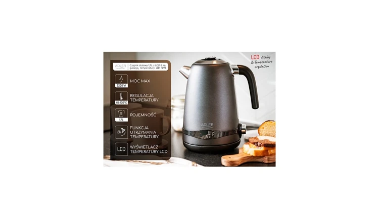 Czajnik Metalowy 1,7L z LCD Regulacja temperatury 2200W Adler