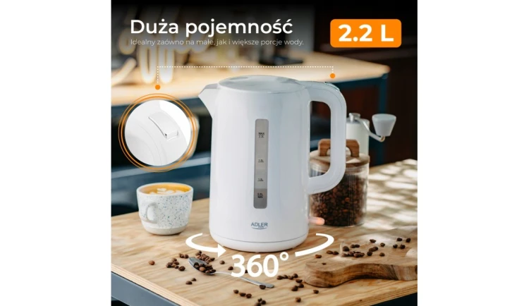 CZAJNIK elektryczny DUŻA POJEMNOŚĆ 2,2L 2200W obrotowa podstawa | Adler