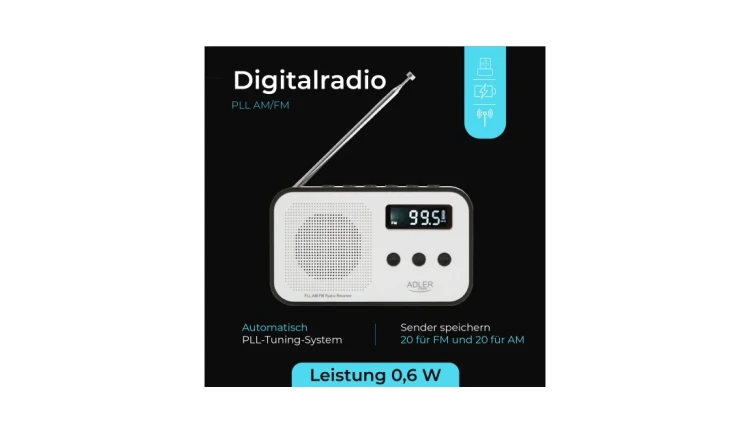 Kompaktowe Radio Cyfrowe PLL AM/FM Pamięć 40 stacji Zegar Budzik Adler
