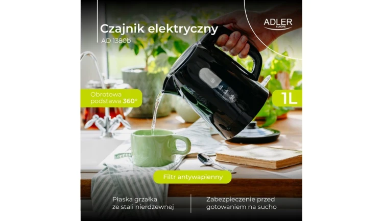 CZAJNIK elektryczny Adler AD 1380b 2200 W 1l czarny OBROTOWA PODSTAWA STRIX