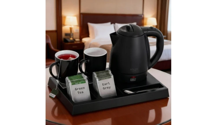 Czajnik Hotelowy 1L AD 1387 Taca do hotelu 2 Kubki Podwójne Ścianki Czarny