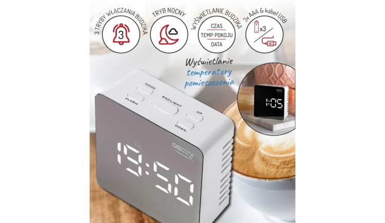 ZEGAR BUDZIK CR1150 BIAŁY PODŚWIETLANY POMIAR TEMPERATURY 3 TRYBY