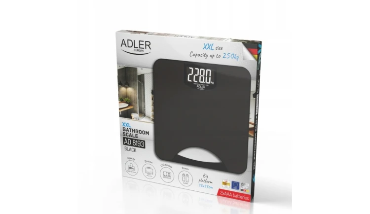 Waga Łazienkowa elektroniczna Duży LCD POMIAR 250kg Czujniki Uchwyt ADLER