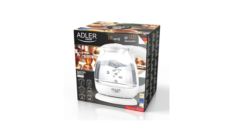 Kuchenny Czajnik Elektryczny 1L 1100W Szklany Szary LED Adler