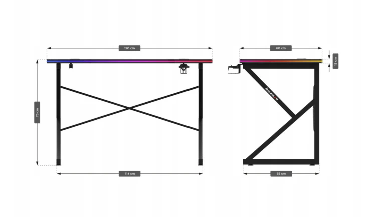 Biurko Gamingowe RGB Stolik Biurowy Gracza LED z Pilotem Carbon Huzaro