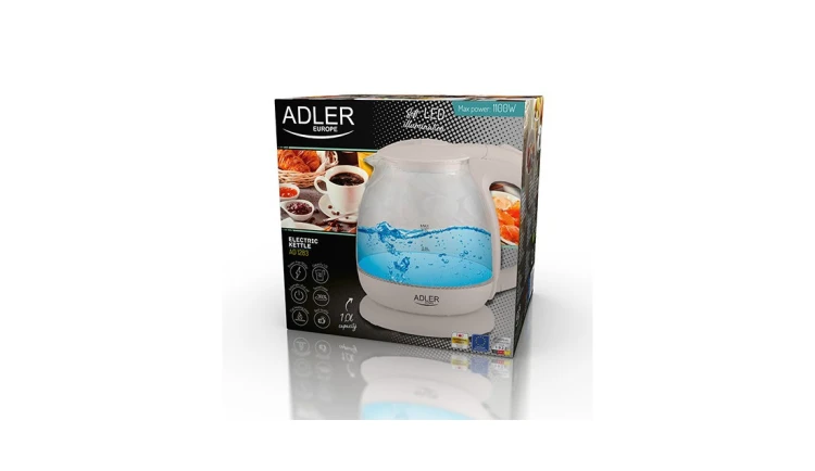 Kuchenny Czajnik Elektryczny 1L 1100W Szklany Beżowy LED Adler