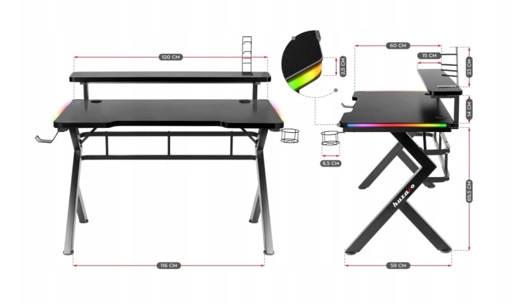 BIURKO GAMINGOWE STÓL STOLIK BIUROWY DLA GRACZA REGULACJA RGB +PILOT HUZARO