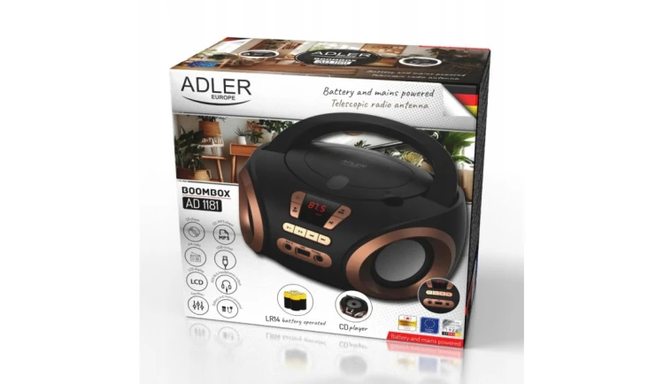 RADIO PRZENOŚNE BOOMBOX CD AUDIOi MP3 USB AUX LCD RADIO FM Adler |AD 1181