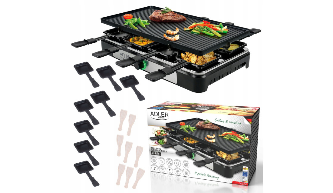 GRILL ELEKTRYCZNY 4w1 Raclette ADLER 1400W 8 osób