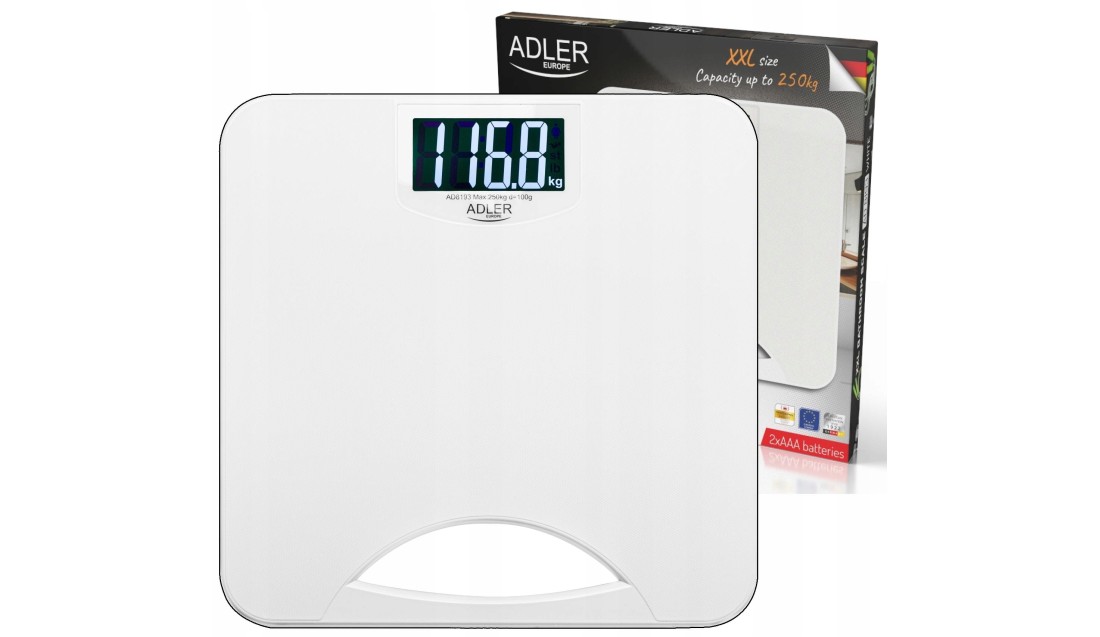 Waga Łazienkowa elektroniczna Duży LCD POMIAR 250kg Czujniki Uchwyt ADLER