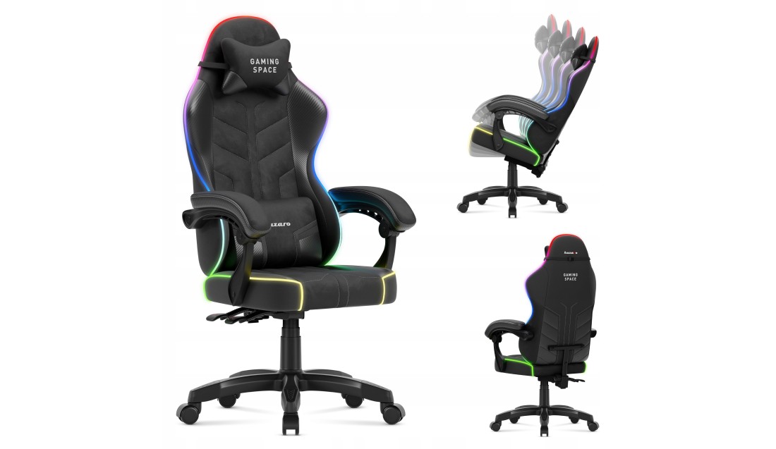 Fotel Gamingowy obrotowy Welurowy RGB Krzesło Gracza Poduszki Pilot HUZARO